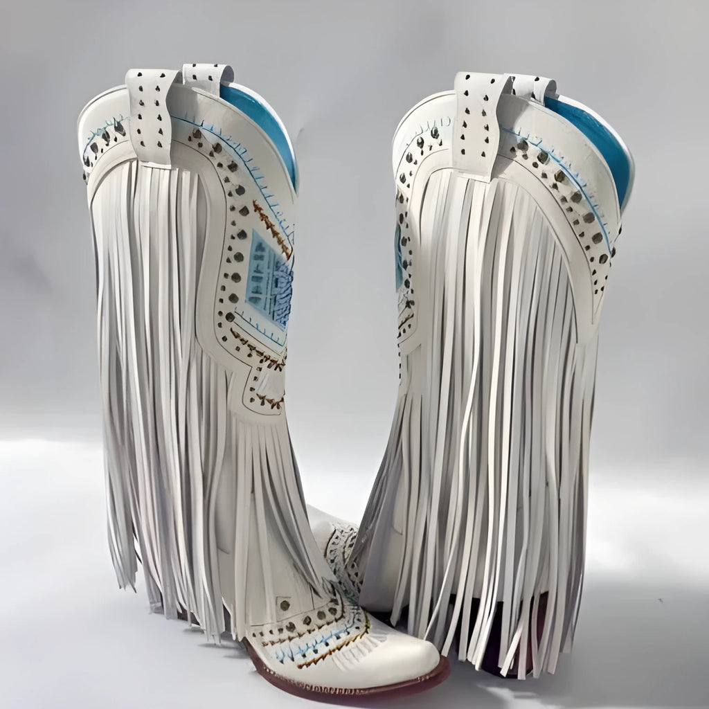 Retro embroidered slip-on tassel boots for women with chunky heel in white