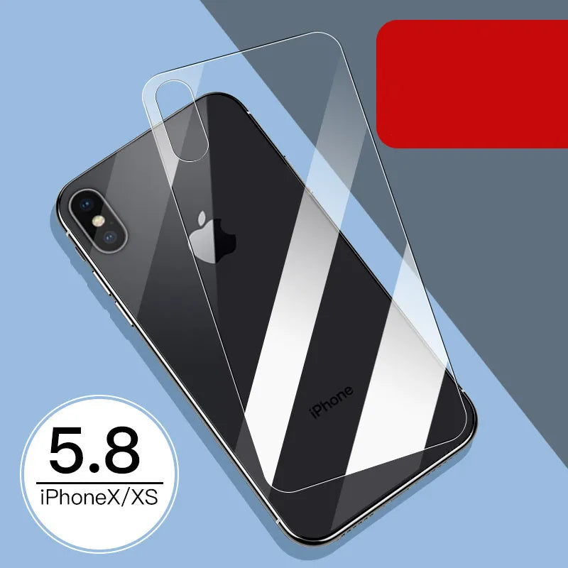 iPhone tempered glass screen protector set showing front and rear films for 11, X, and XR models.
