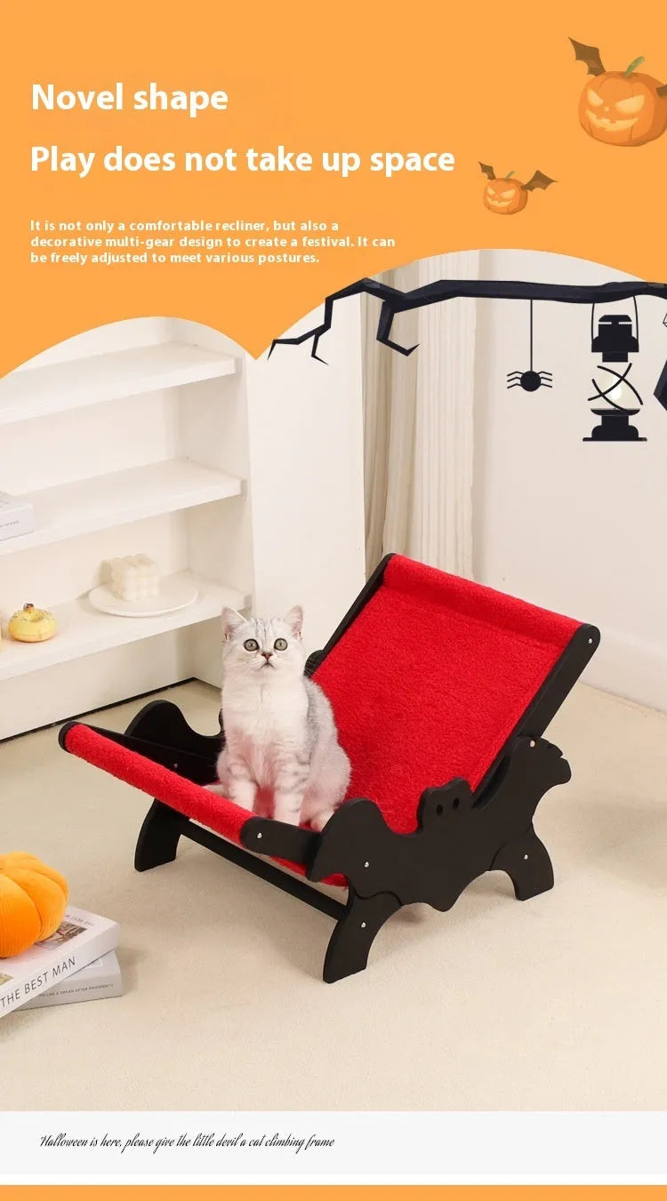 MW-054 wooden cat recliner bed with black and red bat Halloween design.
