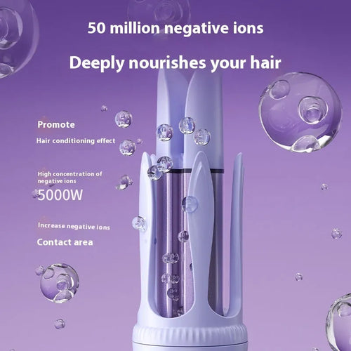 32mm automatic hair curler in pink or light purple with ceramic barrel, clips, and comb.
