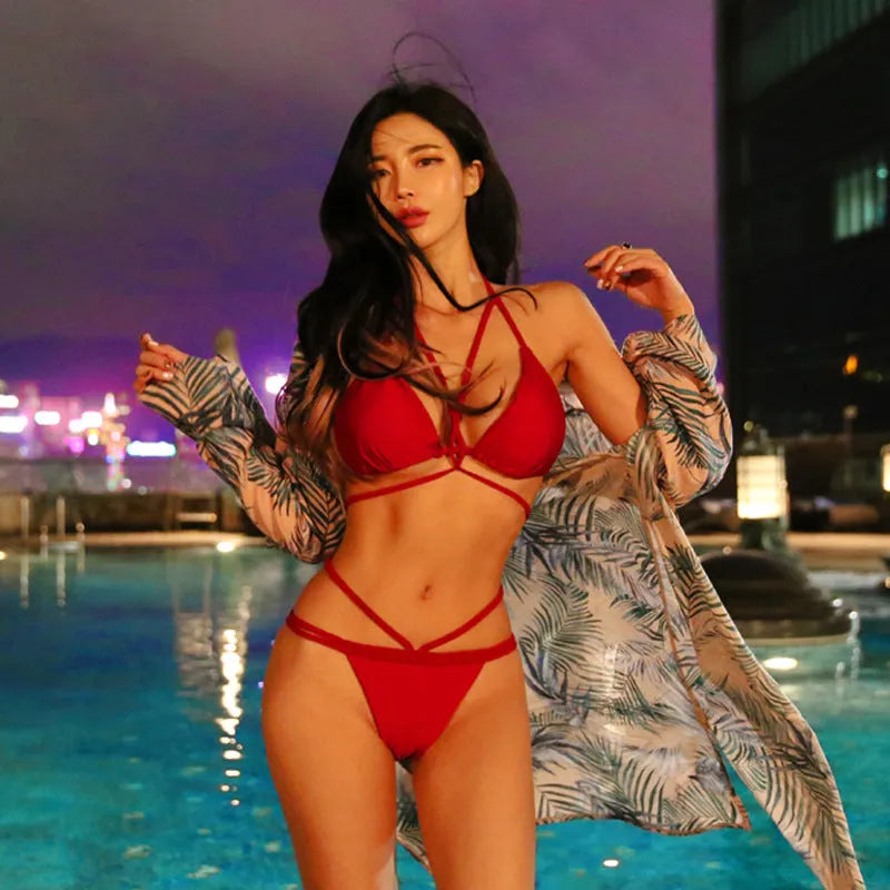 Black and red nylon bikini swimsuit set for swimming, showing front and back views.