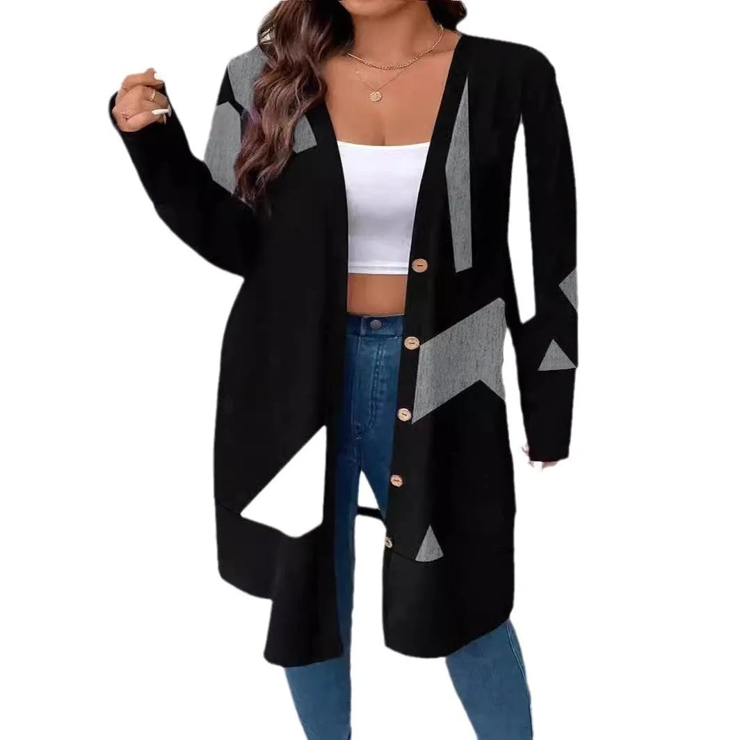 Black plus size women's casual cardigan coat with button detailing and printed stitching