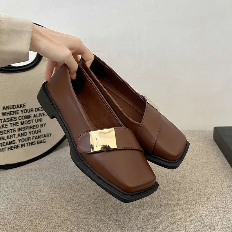 Women's artificial leather flat-heeled shoes with square toe and metal buckle in beige, black, and brown colours
