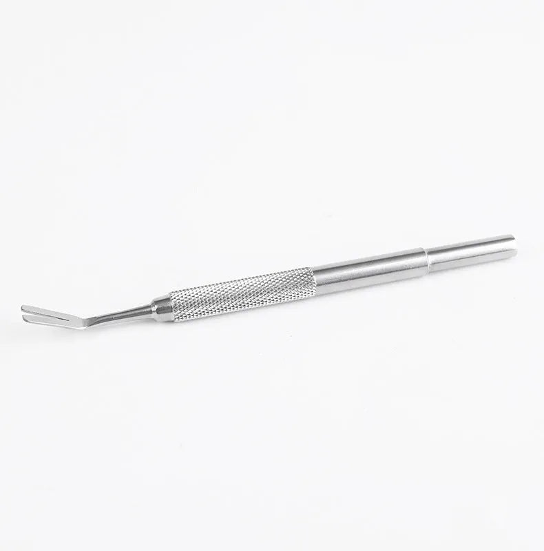 Silver stainless steel tick removal tweezers for pets with narrow slotted head