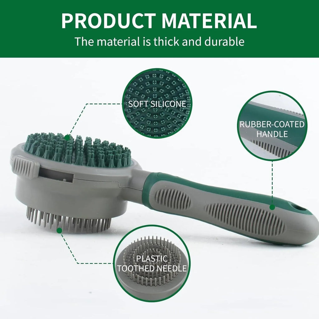 Green two-sided cat grooming brush with retractable slicker and silicone massager head