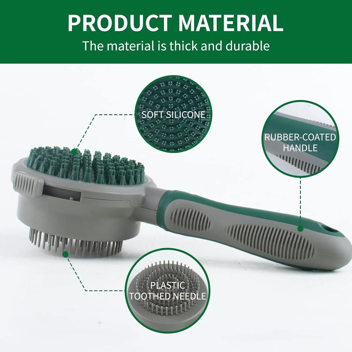 Green two-sided cat grooming brush with retractable slicker and silicone massager head