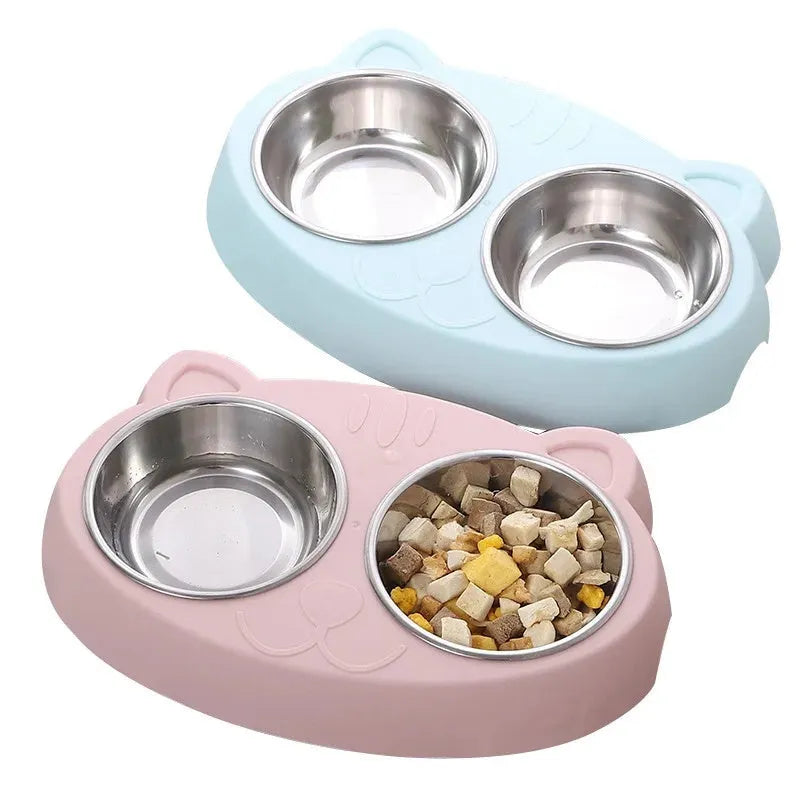 Blue plastic double bowl pet feeder tray for cat and dog food and water.