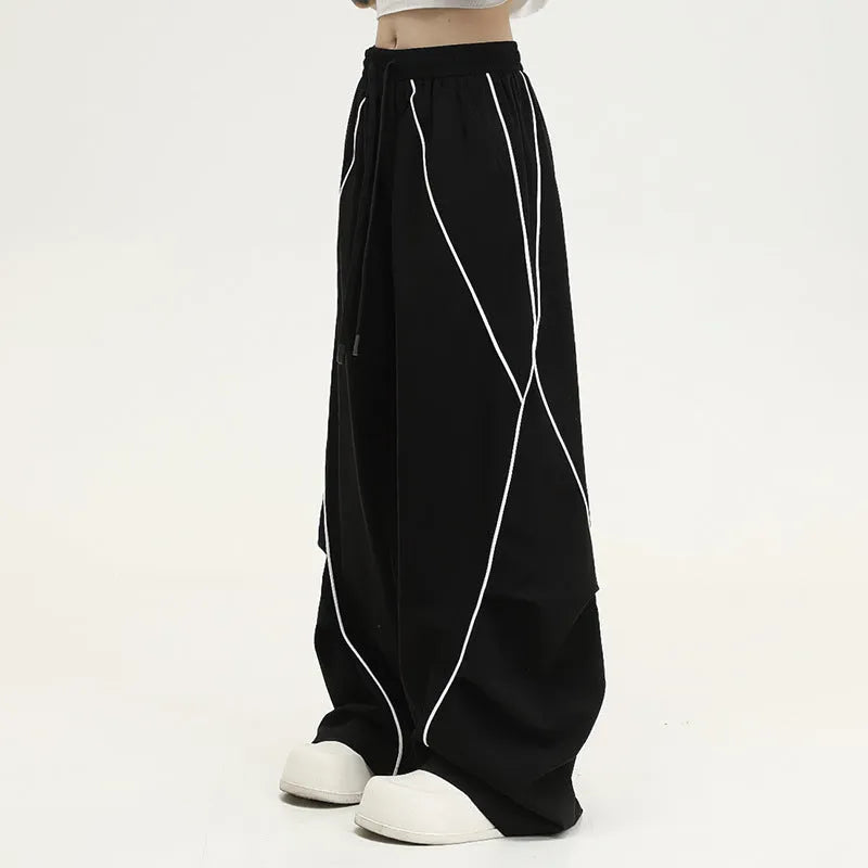 Black striped wide-leg hip hop sports trousers with mid waist fit