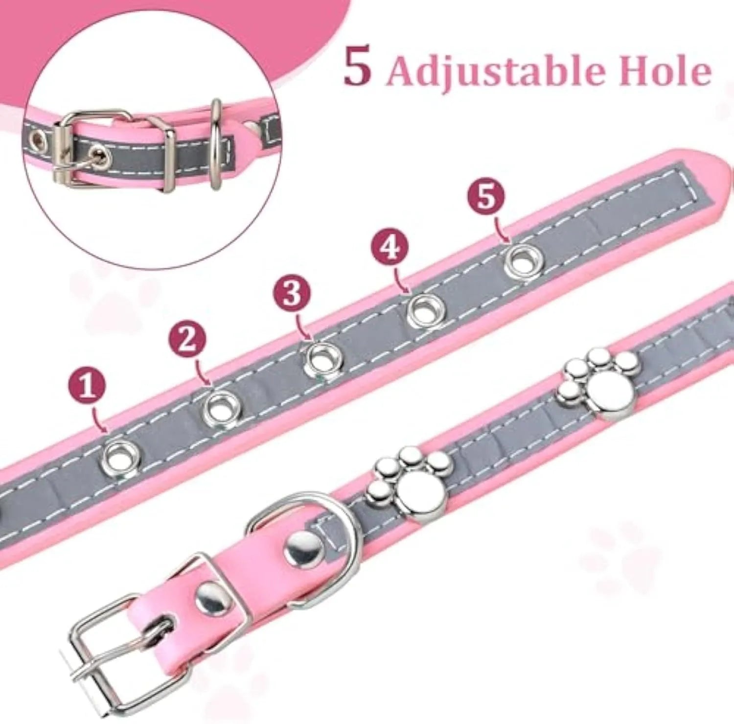 Reflective PU leather dog collar with paw rivet decoration and metal buckle