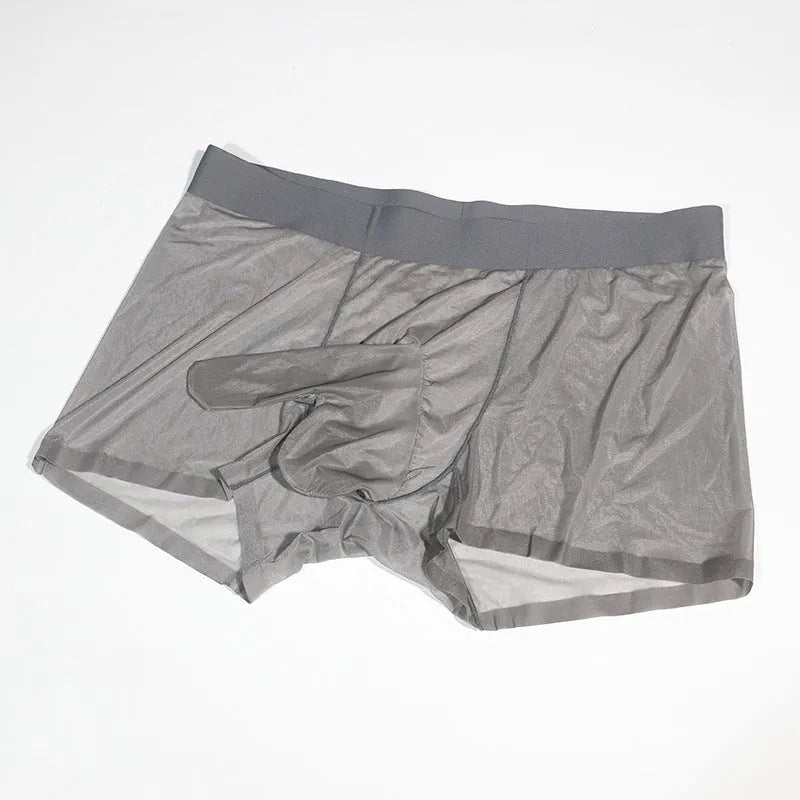 Plus size men's transparent ice silk shorts in multiple colours on a mid waist, showing seamless construction.