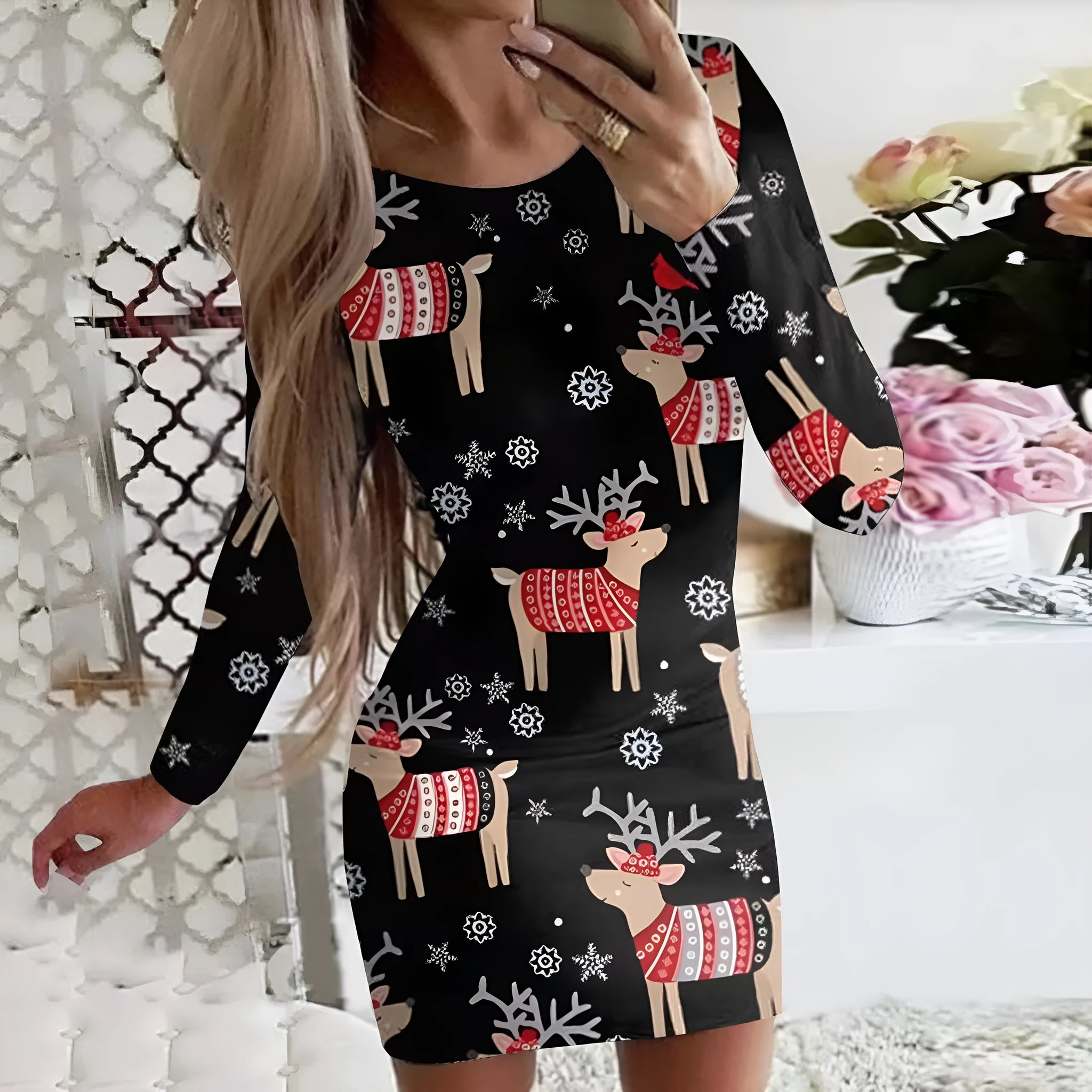 Red Christmas dress with animal print pattern, round neck and long sleeves, shown in a fitted hip skirt style.