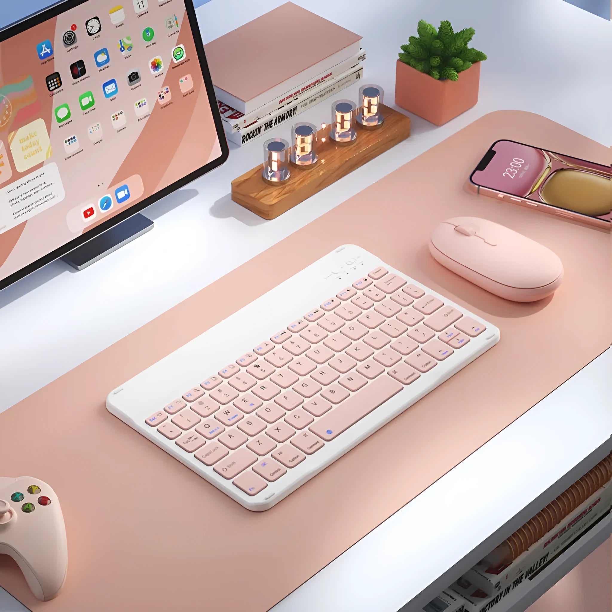 Girls Bluetooth keyboard in Lavender colour on a desk next to a tablet