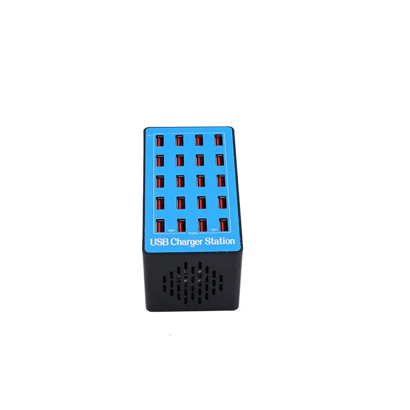 Blue A5 20-port USB charging station with multiple plug options and PC ABS fire retardant casing