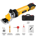 Yellow electric wool shears with 110V plug and multiple steel blades including 13-tooth straight knife