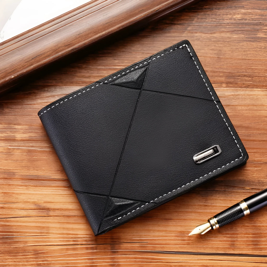 Men's thin black three-fold horizontal leather wallet showing multiple card slots.