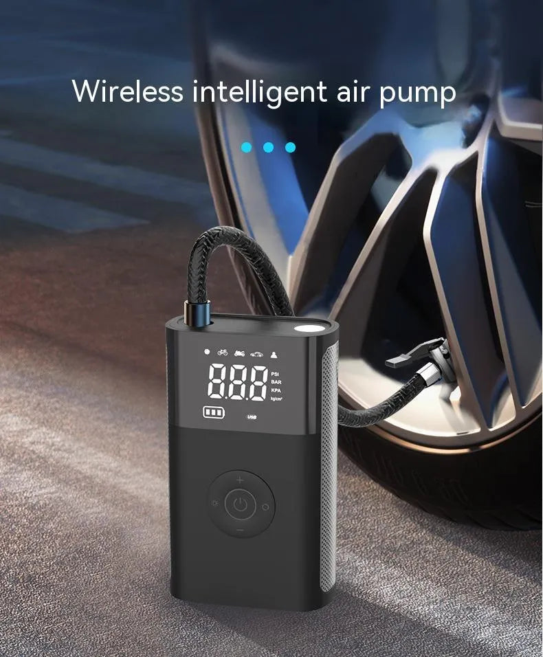 Wireless handheld digital tyre inflator with LCD screen, pressure gauge, and assorted nozzle attachments on a black background.