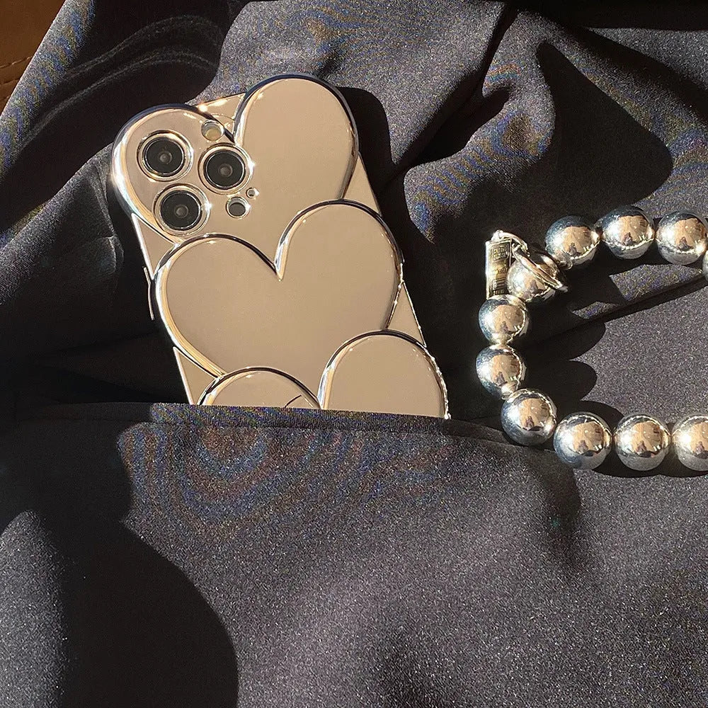 iPhone mobile phone case with shiny silver love electroplating design on a soft TPU back cover.