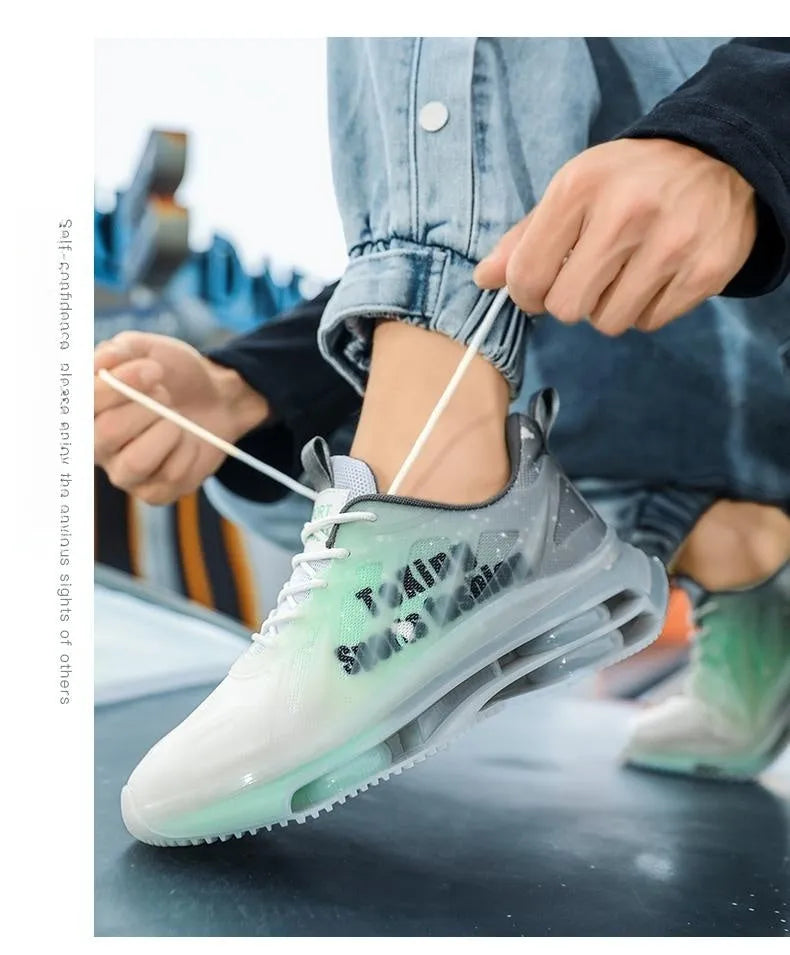 Men's black and green colour-blocked platform running shoes with a mesh upper and rubber sole.