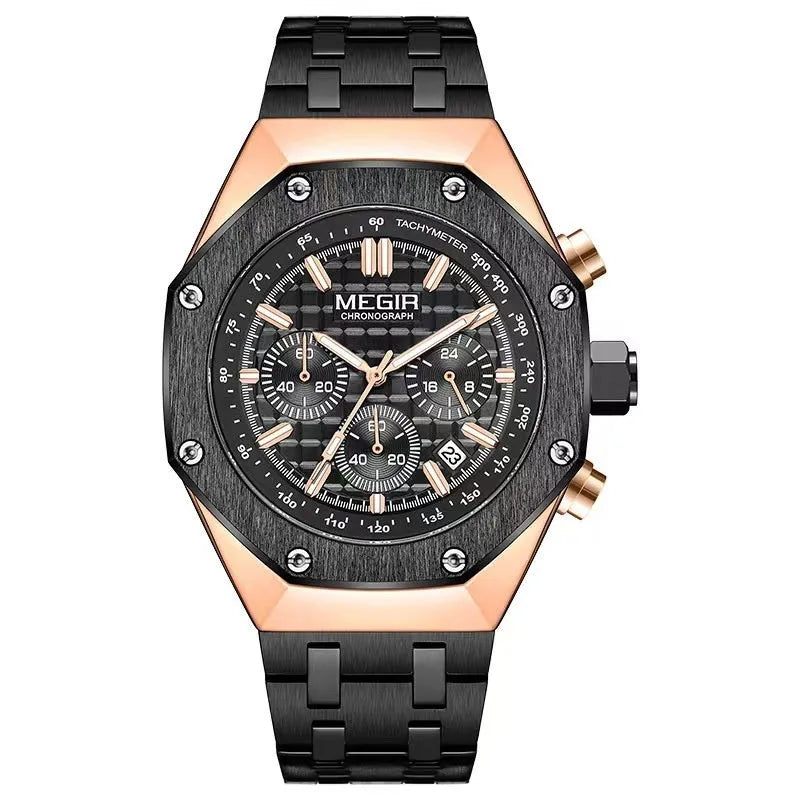Men's waterproof quartz watch with steel belt in three colour options showing 13mm thickness