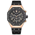 Men's waterproof quartz watch with steel belt in three colour options showing 13mm thickness