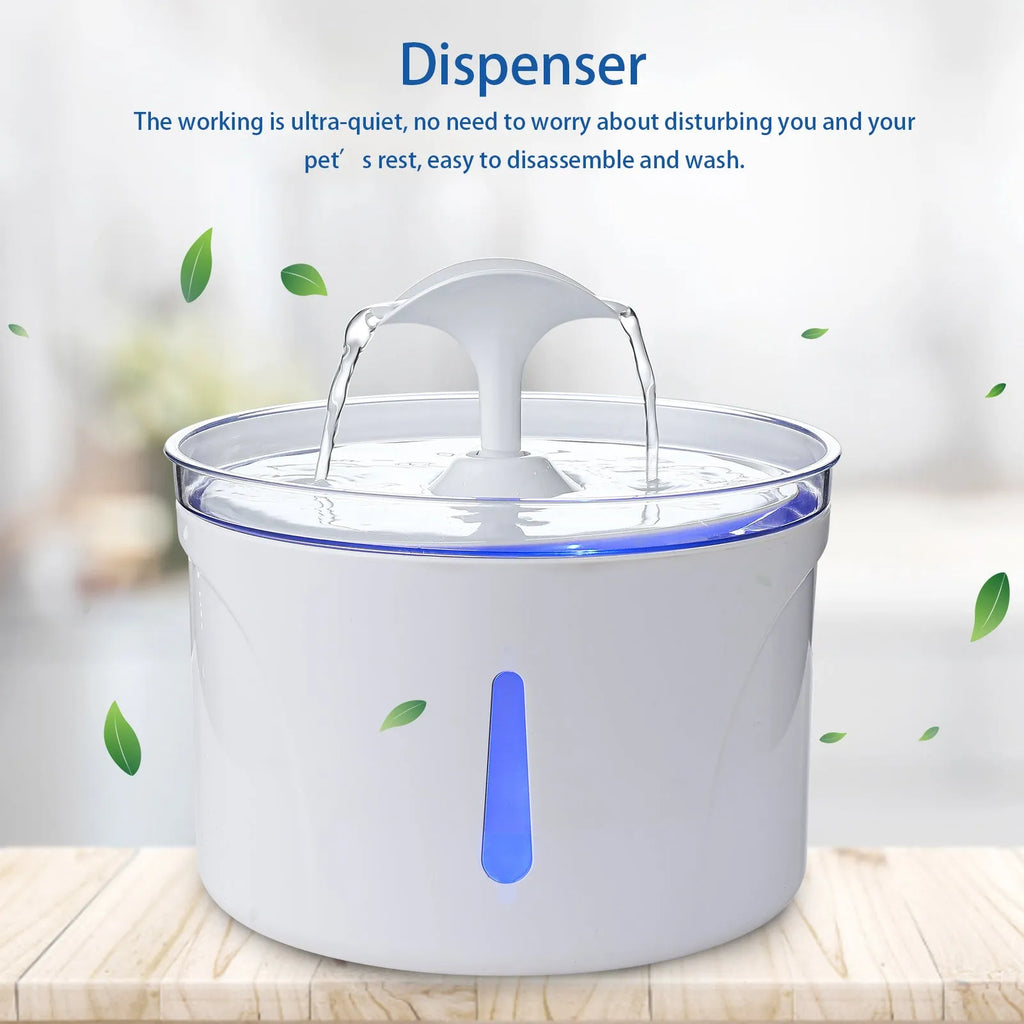 Automatic pet water fountain 2.5L with LED indicator, food-grade ABS, USB pump, 20x20x14cm, for cats and dogs