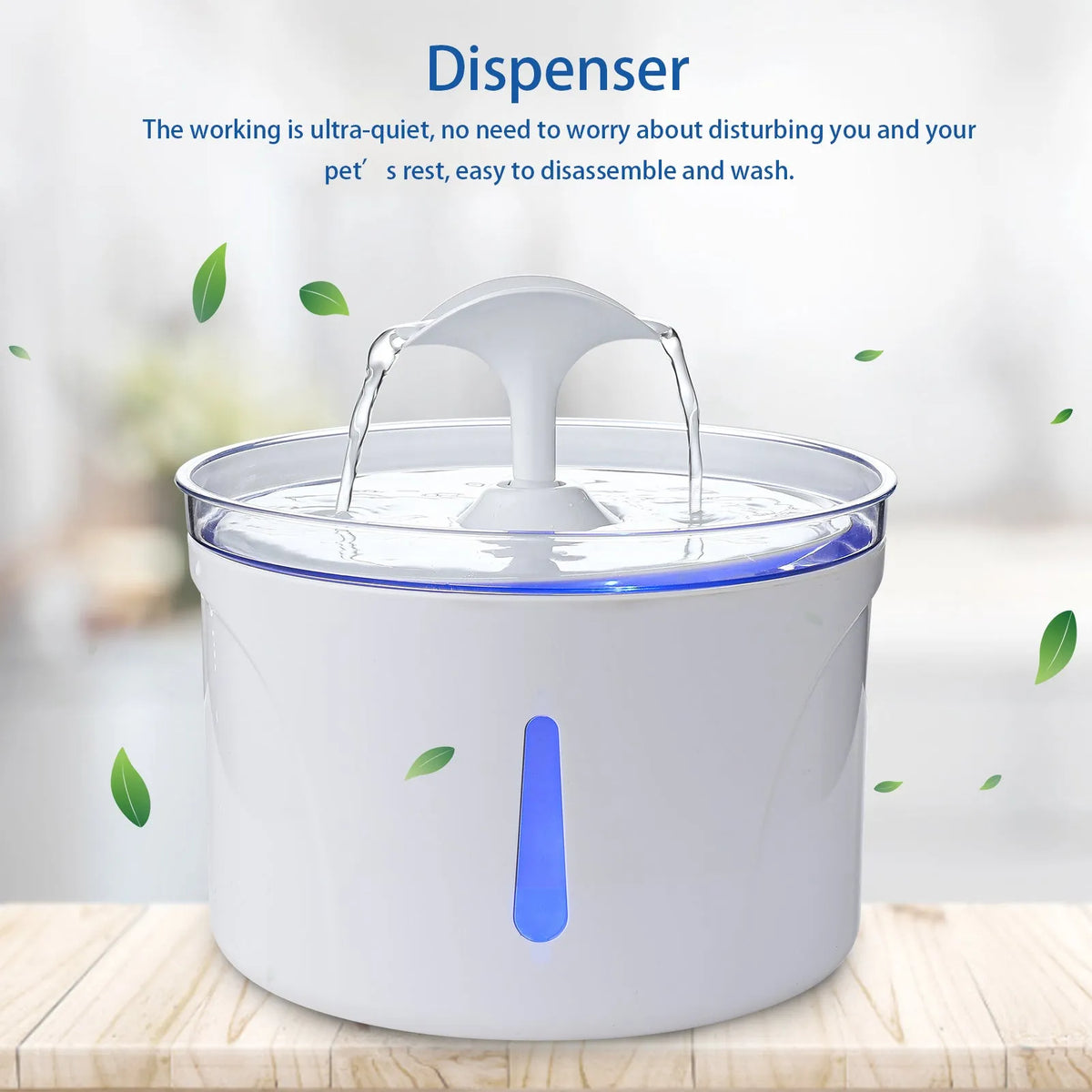 Automatic pet water fountain 2.5L with LED indicator, food-grade ABS, USB pump, 20x20x14cm, for cats and dogs