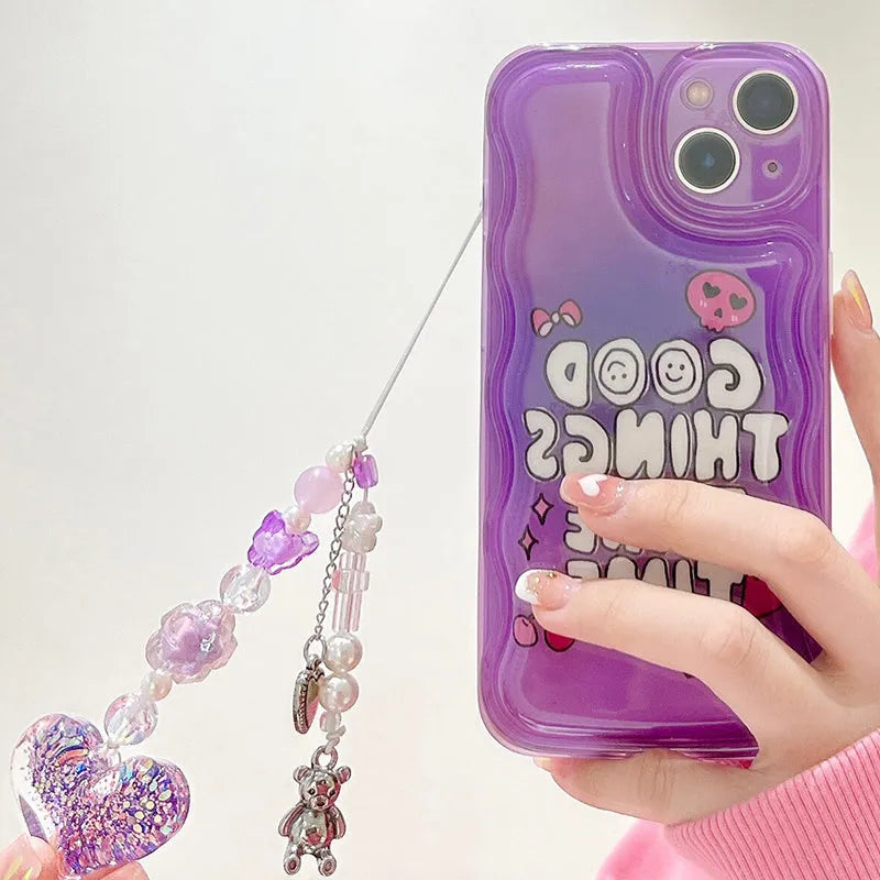Purple English graffiti iPhone 14 mobile phone case with chain bracelet and love pendant