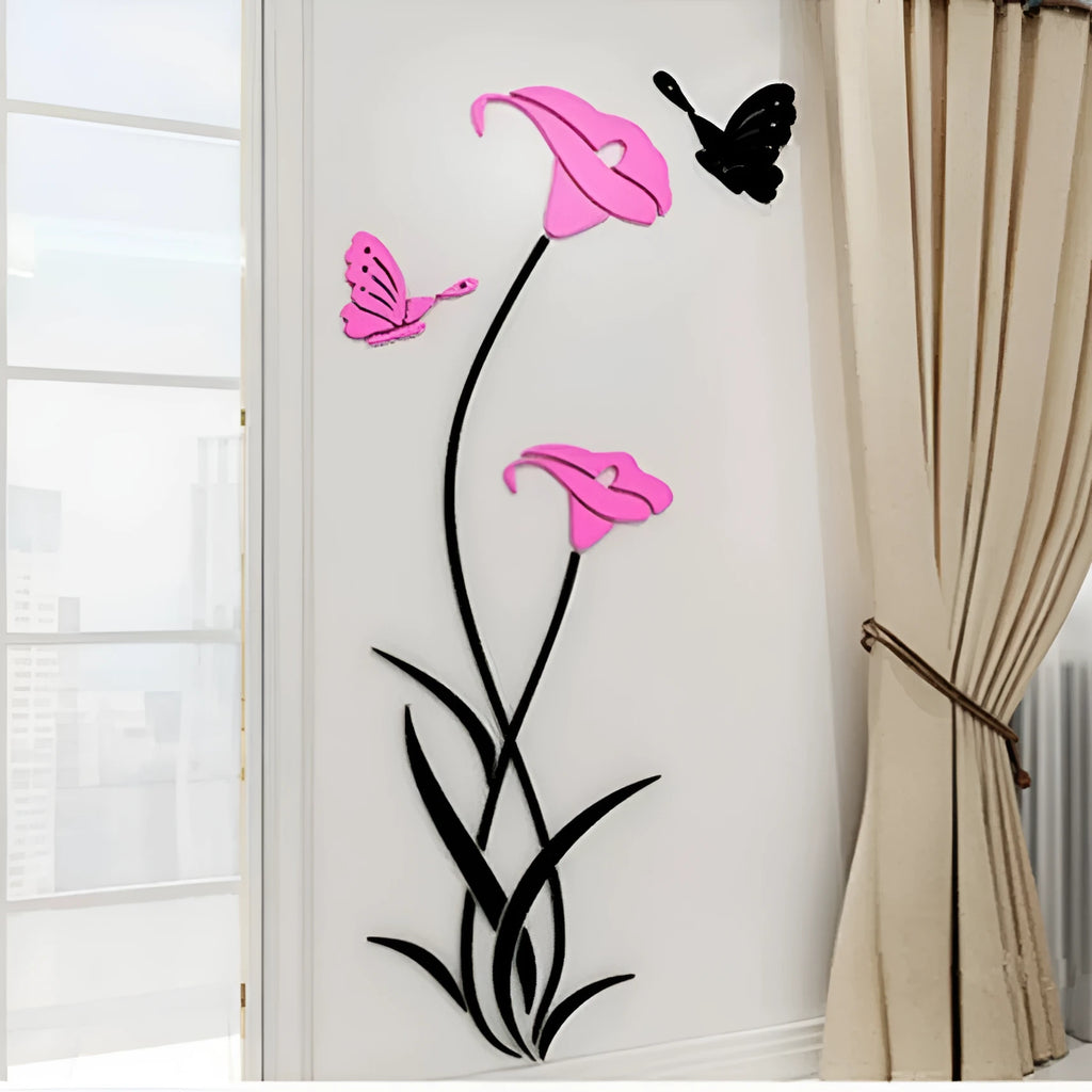 Lily 3D acrylic wall sticker showing dimensional purple flower design on white wall