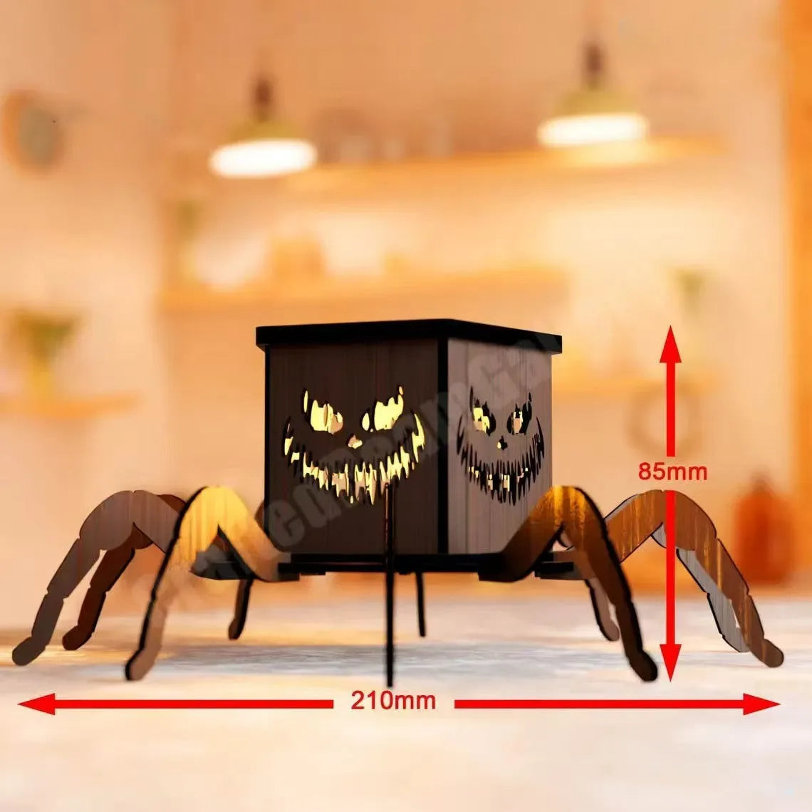 Wooden Halloween candlestick with ghost and spider miniature lantern design measuring 21cm tall