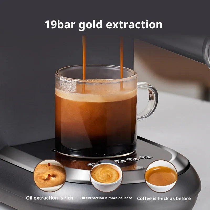 Dark gray household espresso coffee machine with stainless steel oiled plastic body and steam froth wand