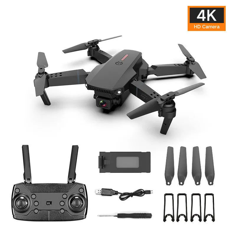Grey foldable 4K drone with dual camera mounted on ABS body with LED lights