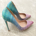 Pink-blue gradient patent leather women's high heels with pointed toe and super high heel