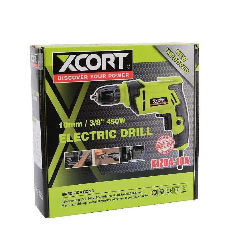 Pistol grip electric power drill with a 10mm chuck on a 220v cord.