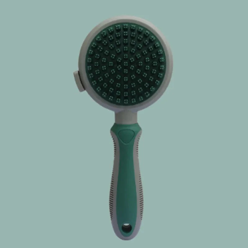 Green two-sided cat grooming brush with retractable slicker and silicone massager head