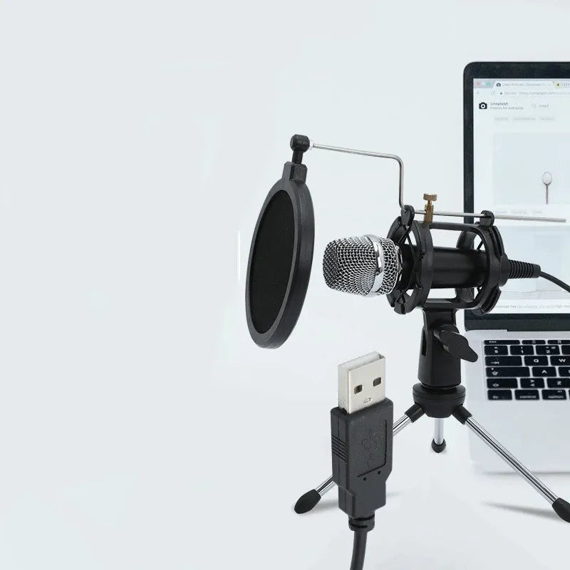 Black condenser microphone mounted on a silver aluminium adjustable stand with 3.5mm and USB cables.