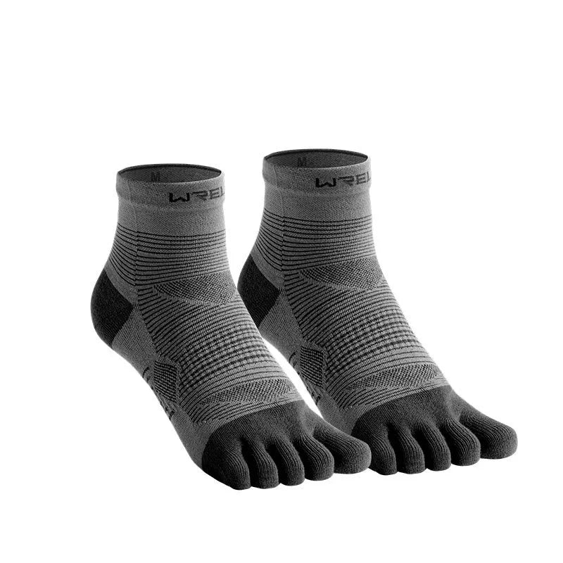 A pair of professional sports toe socks in COOLMAX fabric shown in black and gray colour.