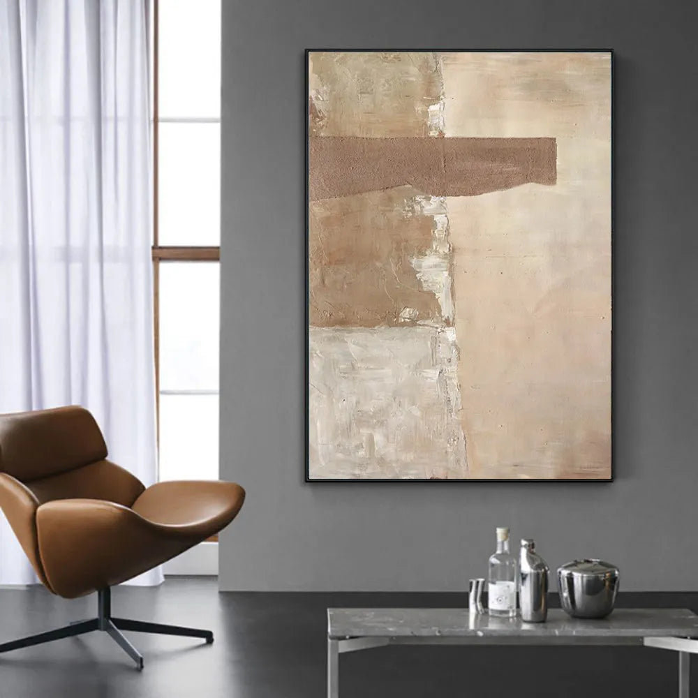 Large handmade abstract oil painting on canvas, brown textured medieval wabi-sabi style, vertical one-panel wall art, no frame