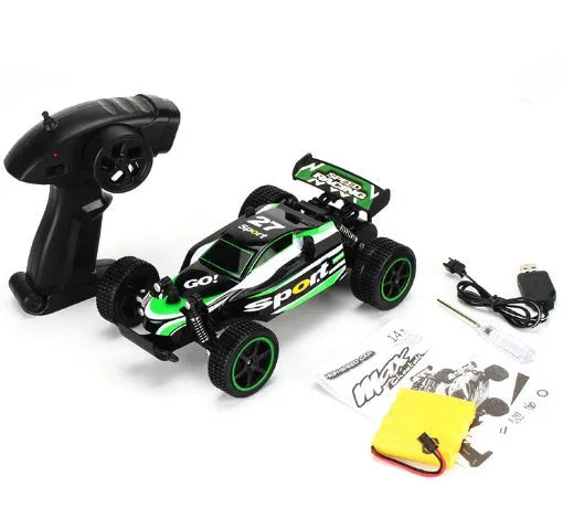 Blue 1:18 scale remote control drift car with 2.4GHz transmitter on a hard surface