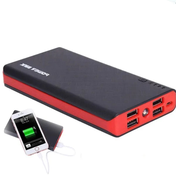 Red 20000mAh 4U fast charging portable power bank for mobile phones and tablets.