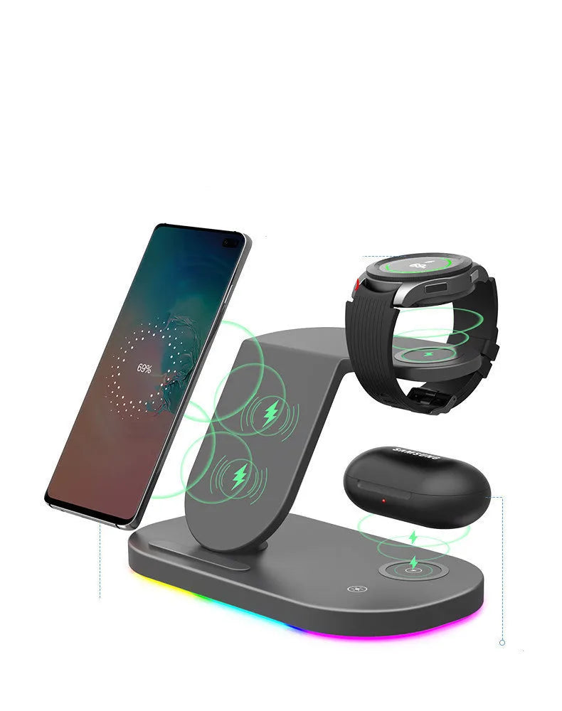 Three-in-one wireless charging station in black or white charging phone watch headphones