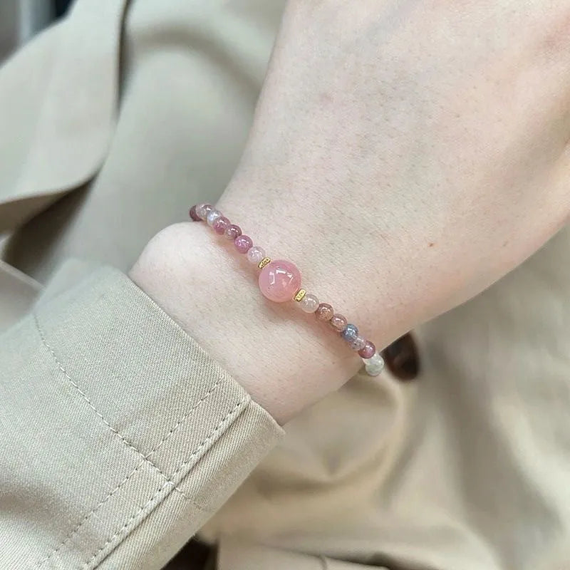 Women's pink crystal bracelet with electroplated alloy charms in geometric fresh style