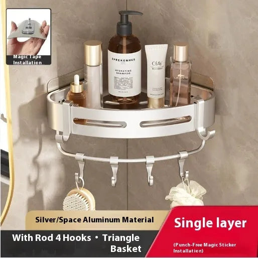 Gun grey punch-free bathroom corner storage rack with triangle basket mounted on wall.