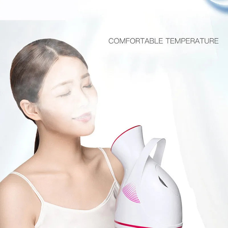 White electric facial steamer with 55ml water tank and adjustable 150° nozzle for deep pore cleansing and aromatherapy