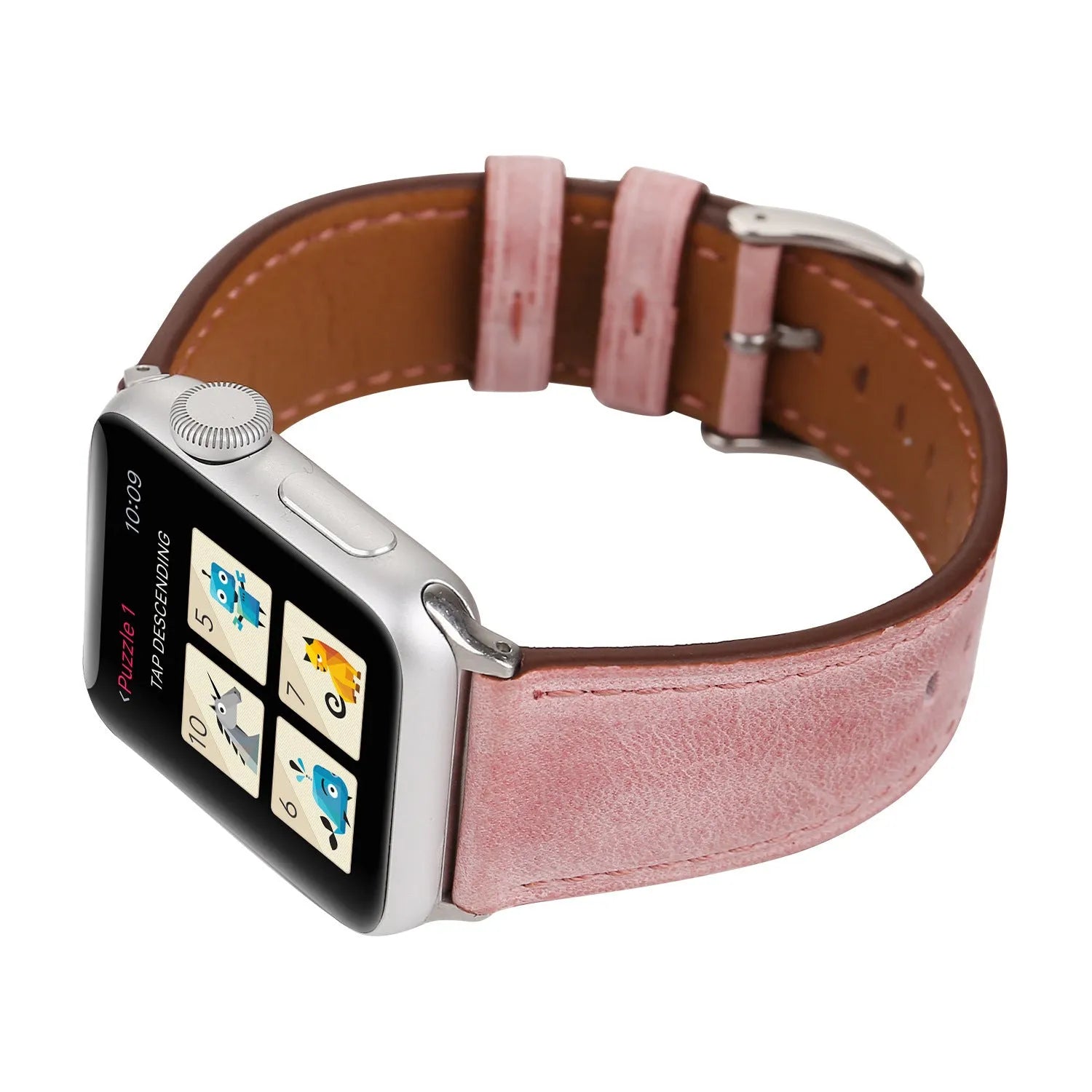Leather watch strap with folding buckle shown in multiple colour options.
