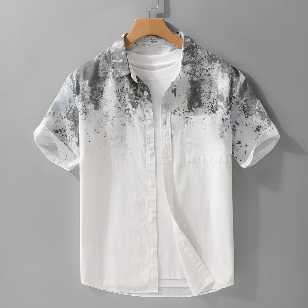 Mens grey hanging dyed pure cotton short-sleeved shirt with loose cardigan style on hanger