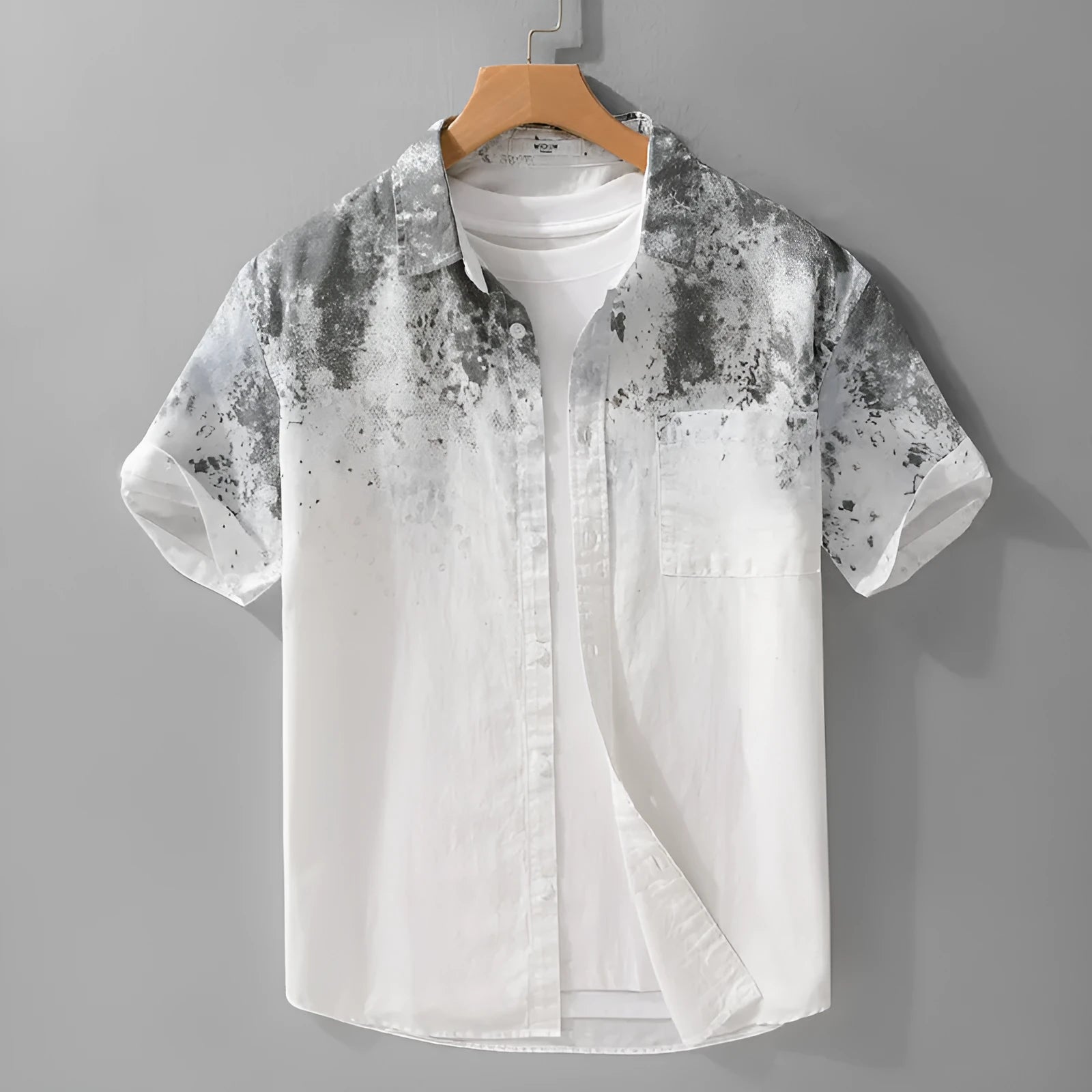 Mens grey hanging dyed pure cotton short-sleeved shirt with loose cardigan style on hanger