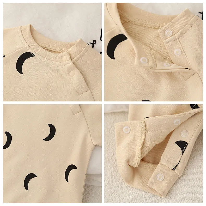 Cotton long-sleeve baby jumpsuit in apricot with single-breasted closure for spring autumn wear