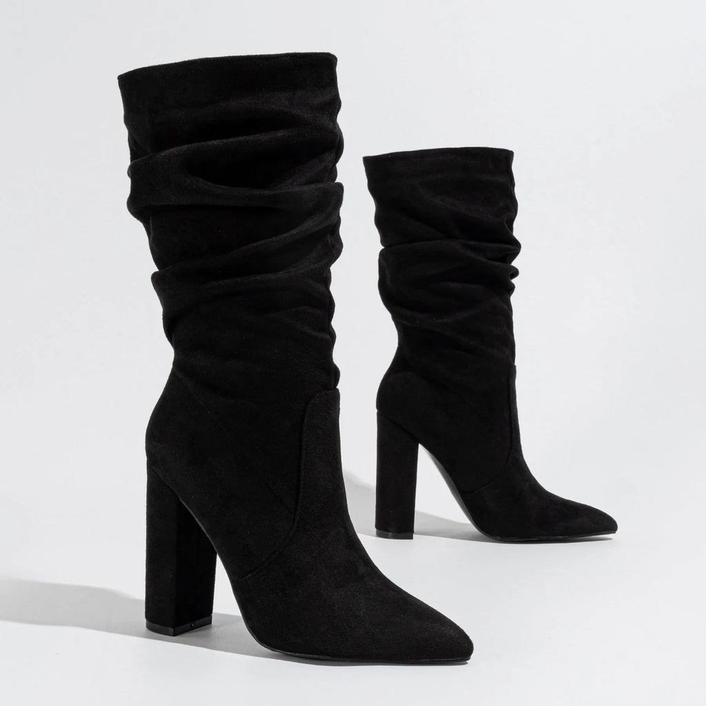Women's black suede chunky heel pointed toe boots with mid-calf length