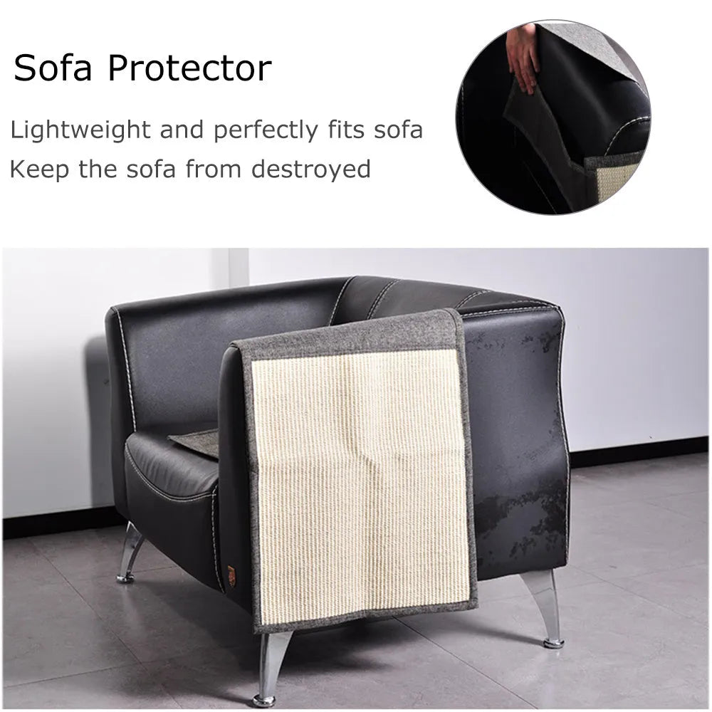 Beige cat scratch board made of sword sisal and cotton linen on sofa arm, 40x29cm furniture protection mat