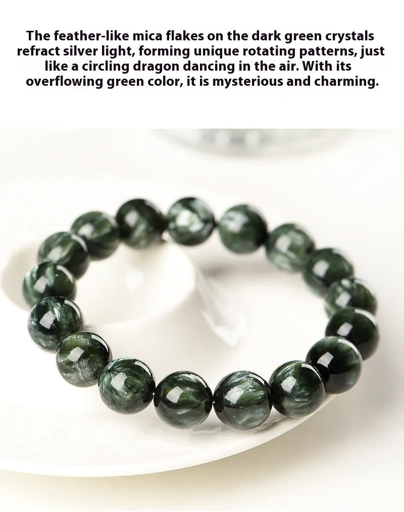 Unisex green dragon crystal bracelet with 8-9mm round beads and a Ruyi charm.